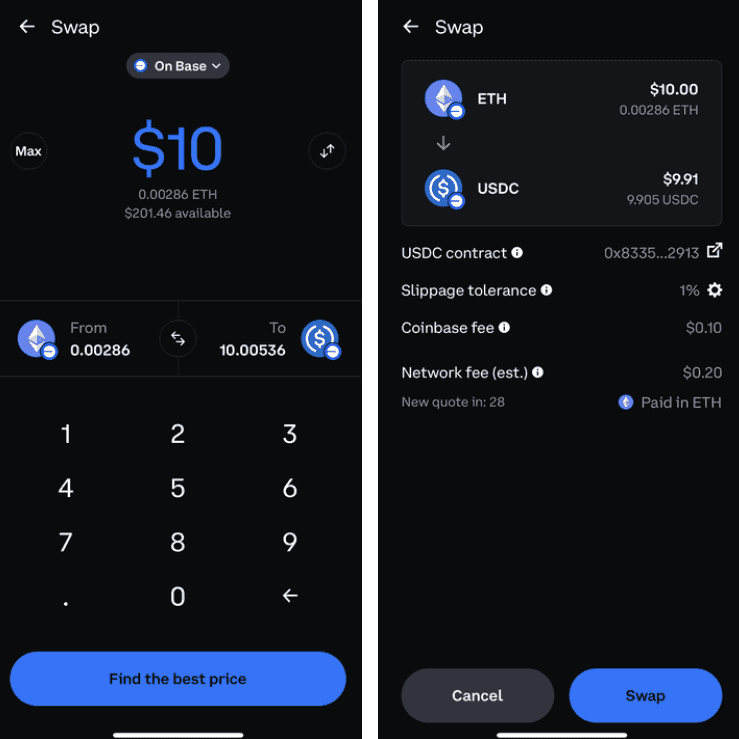 Two screenshots of a crypto wallet’s Swap flow: entering $10 of ETH on Base and the quote to swap to USDC showing $9.91 (≈9.905 USDC) received, 1% slippage, $0.10 Coinbase fee, and $0.20 network fee.