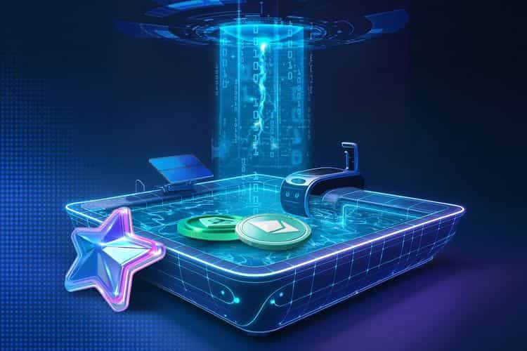 Futuristic neon liquidity pool with floating crypto coins, data streams, a pump terminal, solar panel, and holographic star, representing AMMs and token swaps.