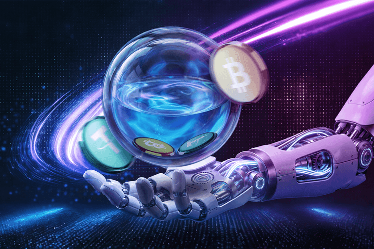A futuristic robotic hand presents a glowing digital sphere filled with spinning cryptocurrency tokens, including Bitcoin, against a neon data-stream background, symbolizing automated market makers and algorithmic crypto trading.