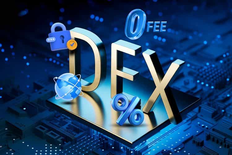 A 3D rendering of the letters "DEX" surrounded by icons symbolizing security, global connectivity, and zero fees, highlighting the concept of decentralized exchanges in crypto trading.