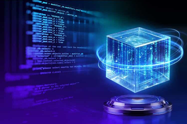 Futuristic digital cube representing blockchain data with code in the background, symbolizing blockchain development and decentralized technology.