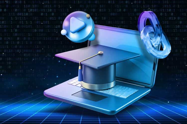 A digital representation of a laptop with a graduation cap on it, surrounded by a play button and a chain link, symbolizing blockchain education.