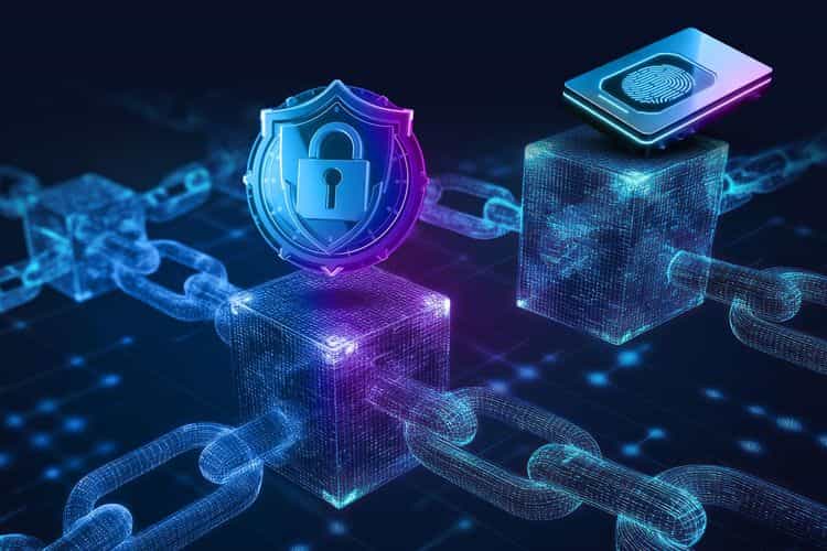 Neon 3D blockchain scene: glowing linked cubes with data texture, a shield-and-padlock emblem, and a biometric hardware wallet on a dark grid.