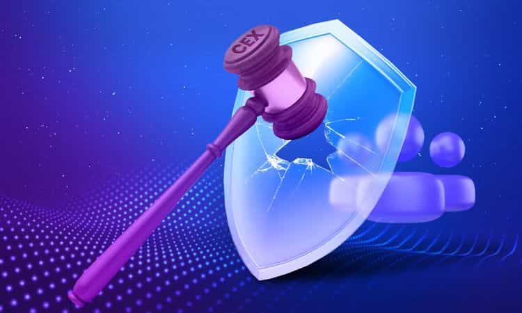 Graphic depicting a gavel with 'CEX' text, striking a cracked shield, symbolizing the impact of centralized exchange regulations on user privacy and security.