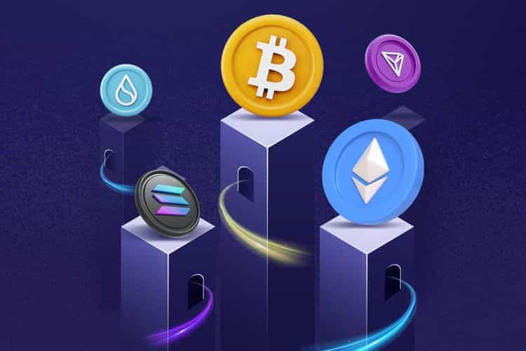 Cryptocurrency icons representing Bitcoin, Ethereum, Solana, and others on separate pillars, symbolizing cross-chain transactions.
