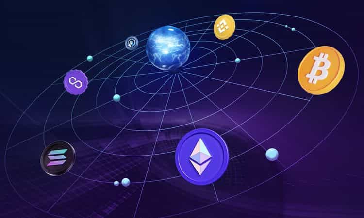 Ethereum, Bitcoin, Solana, Arbitrum, Polygon, and Binance Coin logos arranged in a cross-chain network diagram with connecting nodes and pathways.