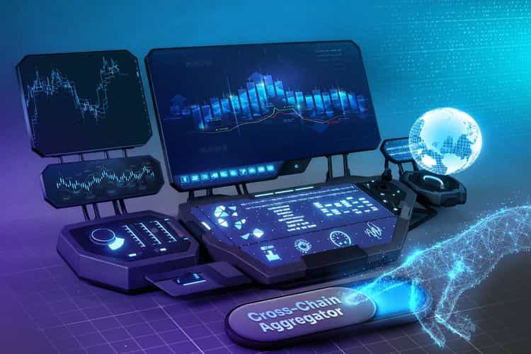Futuristic multi-monitor crypto trading workstation showing price charts and a holographic globe, with a console labeled “Cross-Chain Aggregator.”