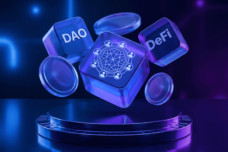 3D illustration of DAO and DeFi cubes floating above a platform, featuring a decentralized governance network icon that represents blockchain-based decentralized autonomous organizations and Web3 governance.