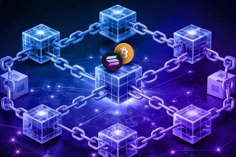 A digital illustration of interconnected decentralized cubes linked by chains, featuring Solana and Bitcoin logos at the center as a pair to exchange.