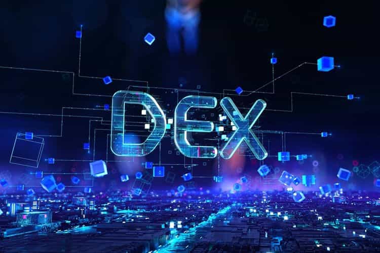 The word DEX with a futuristic theme.