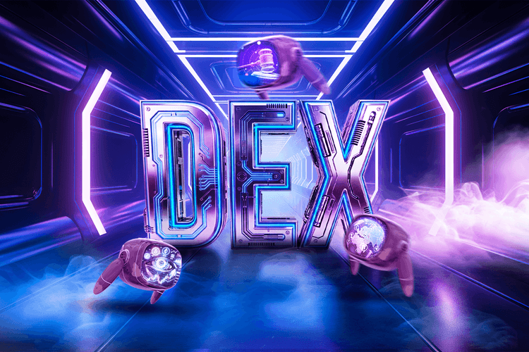 Futuristic neon tunnel with large metallic “DEX” letters in blue and purple, surrounded by three floating robotic spheres and glowing fog, symbolizing decentralized exchange technology.