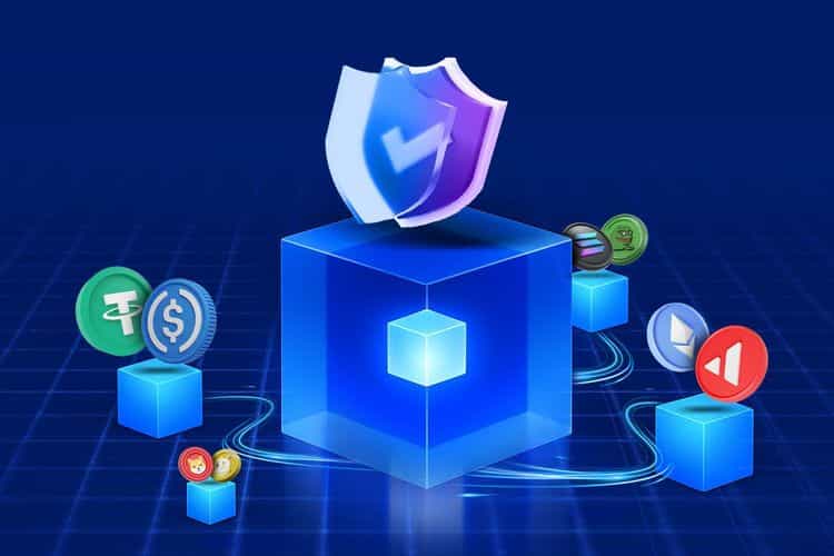 3D digital illustration of a secure blockchain cube with shields on top, connected to various cryptocurrencies like USDT, USDC, Ethereum, Solana, Avalanche, Dogecoin, and others.