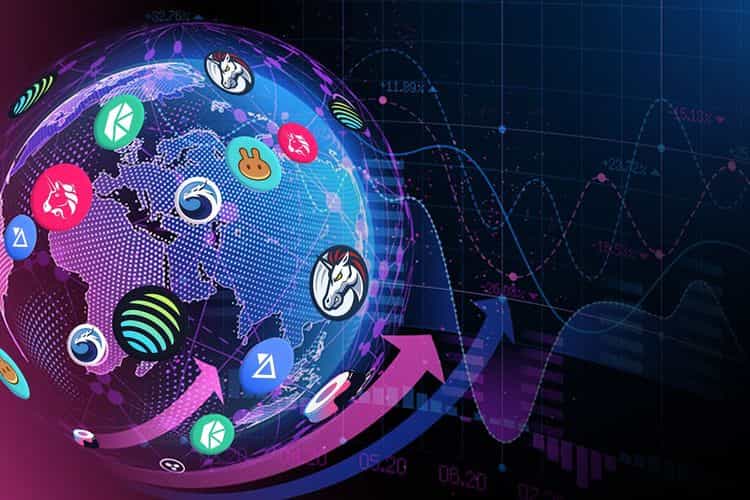 a globe overlaid with various decentralized exchange (DEX) logos, surrounded by rising arrows and financial data charts, symbolizing the global growth and impact of decentralized finance (DeFi).