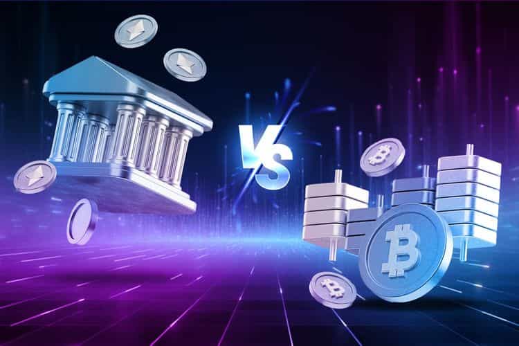 A digital illustration comparing traditional banking with cryptocurrency, featuring a bank and Ethereum coins on the left, and Bitcoin coins on the right.