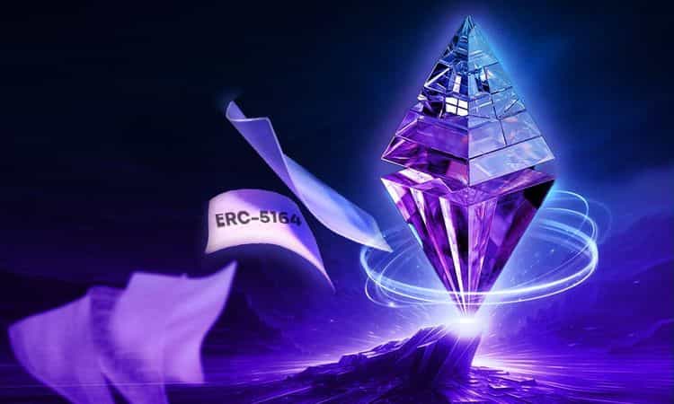 Glowing Ethereum crystal with floating ERC-5164 text in a futuristic neon scene.