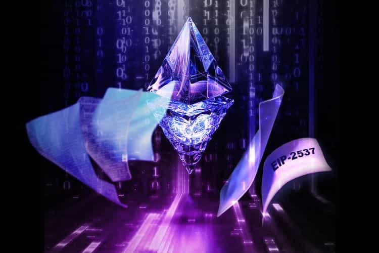 A stylized Ethereum crystal symbol surrounded by floating digital scripts and a ribbon labeled EIP-2537, with binary code in the background.