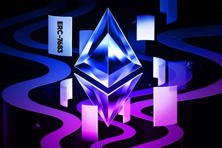 Glowing crystal Ethereum logo with floating panels and neon blue-purple light as Ethereum iomprovement proposals like ERC-7683.