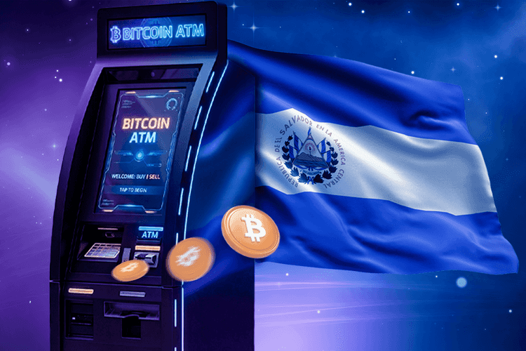 A glowing Bitcoin ATM with floating digital coins stands in front of the national flag of El Salvador, symbolizing the country’s adoption of Bitcoin.