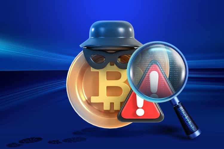 A digital illustration showing a Bitcoin coin with a disguise (hat and mask), a warning sign, and a magnifying glass labeled “Blockchain,” symbolizing the use of blockchain analytics to detect financial crimes.