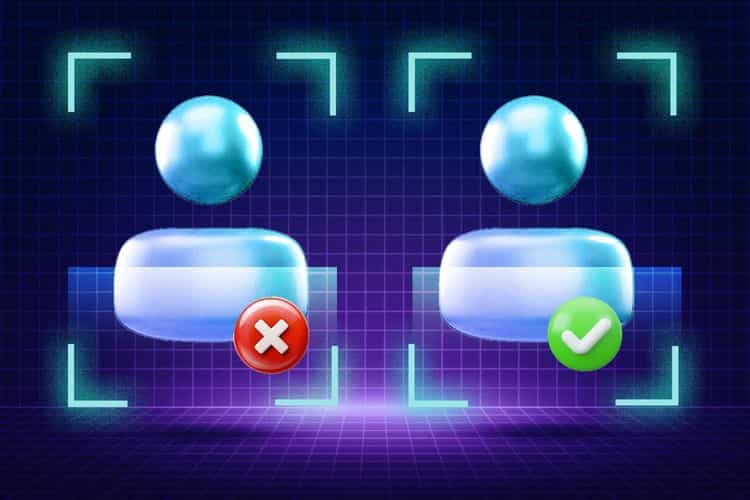 A neon-style illustration of two figures undergoing identity verification (KYC), with one approved and the other rejected, symbolizing the KYC authentication process.