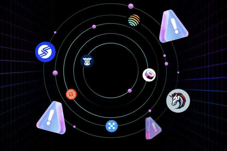 A visual representation featuring logos of 1inch, Rango, Jupiter, OKX, COWswap, ODOS, and Sushi, surrounded by warning symbols, highlighting common mistakes in using DEX aggregators.