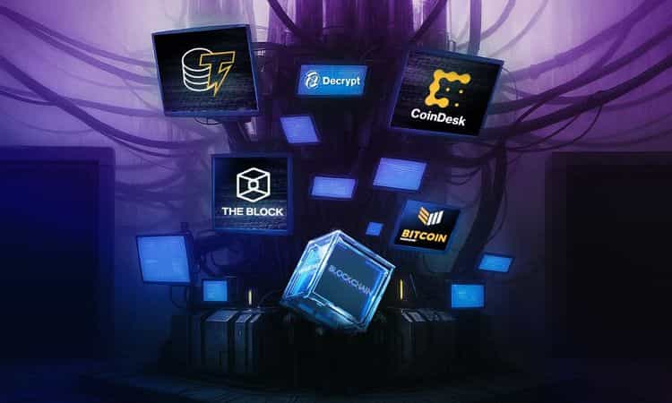 A digital art depiction of a futuristic server hub with screens and wires, displaying logos of major crypto news outlets including Cointelegraph, Decrypt, CoinDesk, The Block, Bitcoin Magazine, and so on.