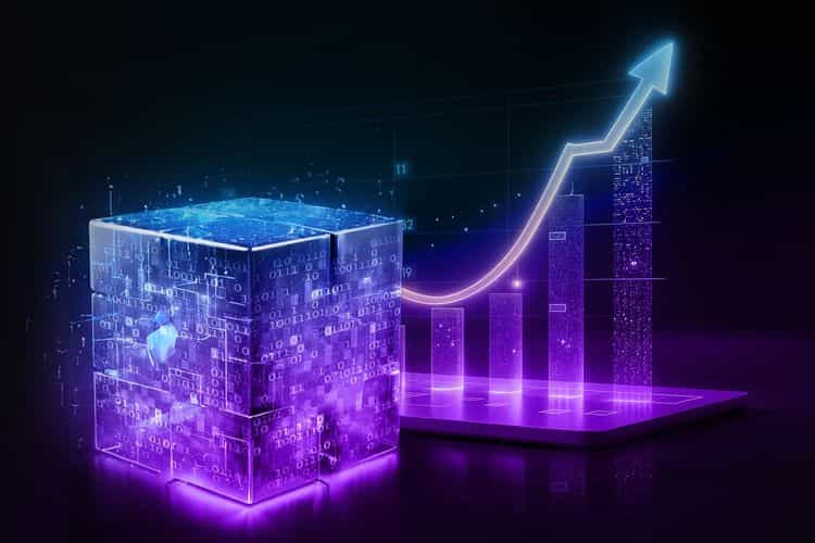 Glowing blockchain cube and rising digital chart representing DeFi growth.