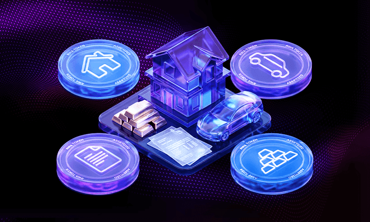 3D futuristic illustration of real-world asset (RWA) tokenization, featuring a digital house, car, gold bars, and legal documents on a platform surrounded by glowing blockchain-style asset tokens against a purple and blue neon background.