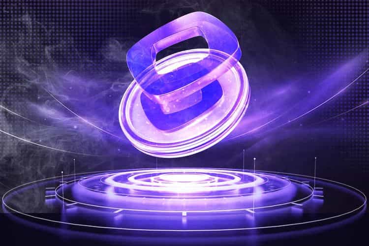 A glowing purple 3D symbol floats above a circular digital platform, illustrating an abstract monad concept in a futuristic sci-fi interface.