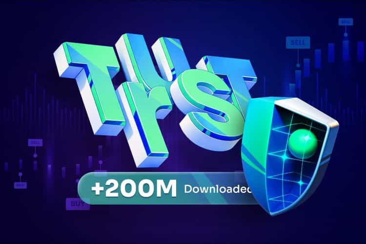 A smartphone screen displaying the Trust Wallet interface showing "SELL SELL SELL +200M Downloaded BUY" in text.