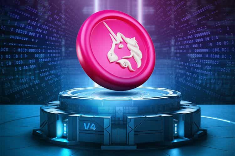 Uniswap V4 logo with futuristic digital background, highlighting the new liquidity pool customization features with hooks.