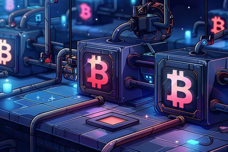 A factory visualizing blockchain technology with Bitcoin-themed processing units.