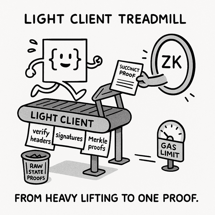Cartoon of a smiling light client running on a treadmill labeled “verify headers,” “signatures,” and “Merkle proofs,” handing a “succinct proof” to a Zero-Knowledge (ZK) verifier, with a gas limit gauge nearby.