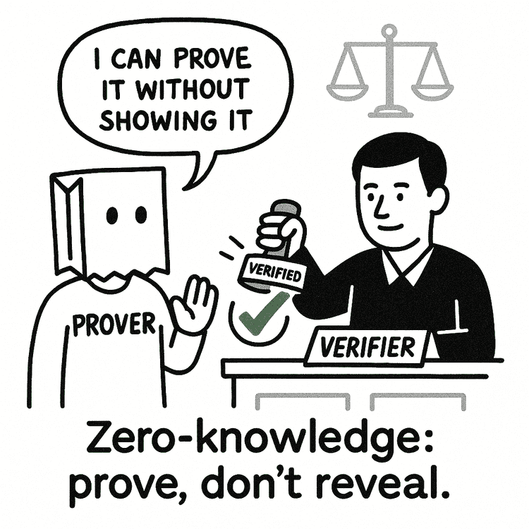 Cartoon of a person labeled “Prover” with a paper bag over their head saying, “I can prove it without showing it,” to a “Verifier” who stamps “Verified” with a green checkmark.