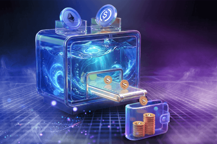 3D illustration of a transparent crypto liquidity pool vault with Ethereum and stablecoin icons, coins flowing into a wallet, representing DeFi passive income.