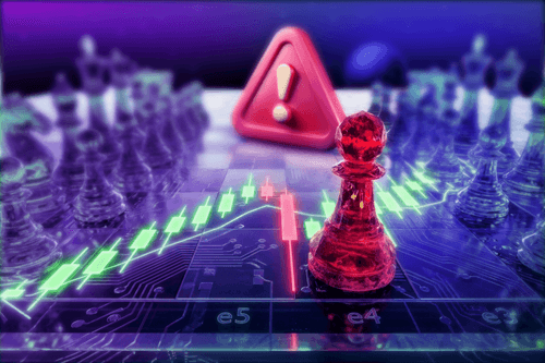 Red chess pawn on a digital chessboard with crypto candlestick charts and a warning symbol in the background.