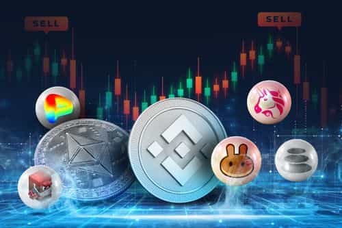 Candlestick chart with “SELL” markers behind Ethereum and Binance (BNB) coins, plus icons for Uniswap, PancakeSwap, Curve,Trader Joe and Balancer.