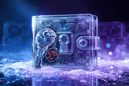 A clear, futuristic lockbox with glowing circuits and a transparent key, lit in blue and purple neon on an icy surface.