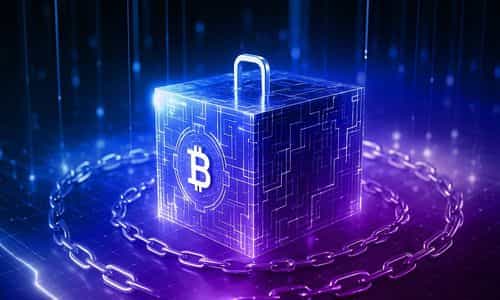 A glowing digital lockbox with the Bitcoin symbol, surrounded by a blockchain chain in a futuristic setting.