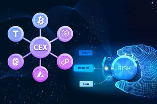 A graphic showing the connection between CEX and various cryptocurrencies, with a risk level control panel showing options for High, Medium, and Low risk.
