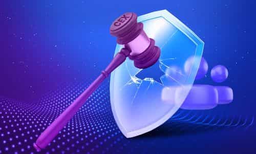 Graphic depicting a gavel with 'CEX' text, striking a cracked shield, symbolizing the impact of centralized exchange regulations on user privacy and security.