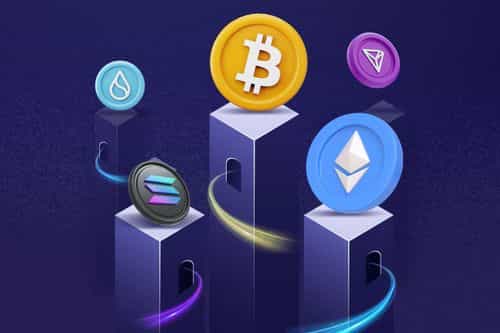 Cryptocurrency icons representing Bitcoin, Ethereum, Solana, and others on separate pillars, symbolizing cross-chain transactions.