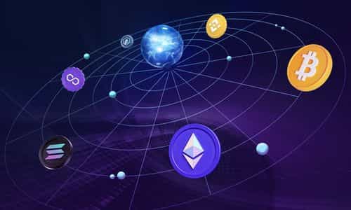 Ethereum, Bitcoin, Solana, Arbitrum, Polygon, and Binance Coin logos arranged in a cross-chain network diagram with connecting nodes and pathways.