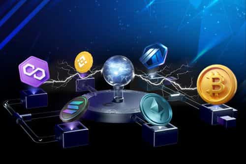 A futuristic hub connects top blockchains: Bitcoin, BSC, Polygon, Arbitrum, Ethereum and Solana.