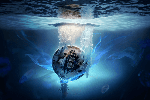 A submerged Bitcoin coin sinking underwater with bubbles and blue light, symbolizing the collapse of cryptocurrency prices during a major market crash.