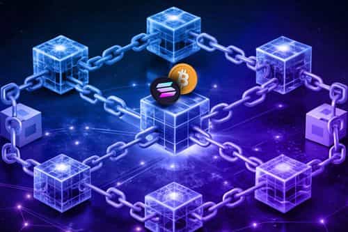 A digital illustration of interconnected decentralized cubes linked by chains, featuring Solana and Bitcoin logos at the center as a pair to exchange.
