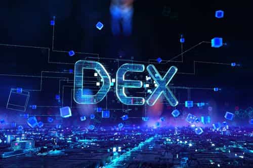 The word DEX with a futuristic theme.