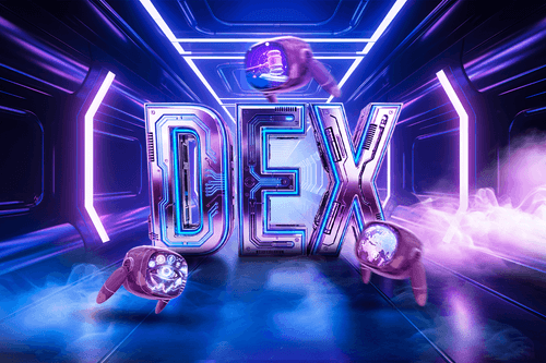 Futuristic neon tunnel with large metallic “DEX” letters in blue and purple, surrounded by three floating robotic spheres and glowing fog, symbolizing decentralized exchange technology.