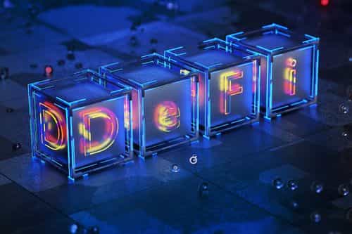 Glowing cubes spelling "DeFi" in a digital, high-tech style.