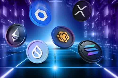 A futuristic digital scene featuring floating cryptocurrency coins with their respective logos, including Ethereum, Cardano, Binance Coin, Ripple, and others, set against a glowing blue and purple background with a grid-like floor and server racks.